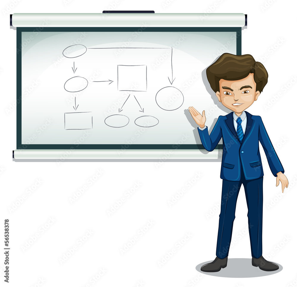 A boy explaining the diagram in the bulletin board A boy explaining the diagram in the bulletin board
