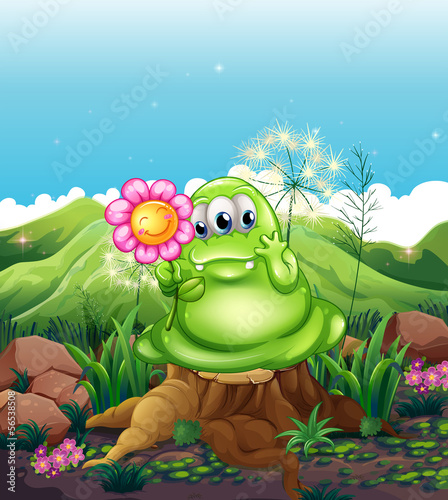 A monster with a flower standing above the stump