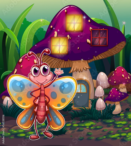 A butterfly in front of the mushroom house