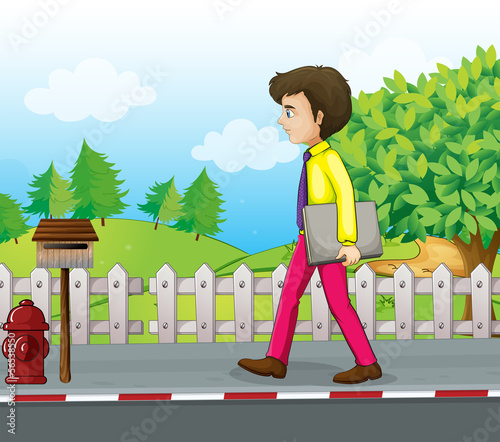 A man walking near the mailbox with a binder in his hand