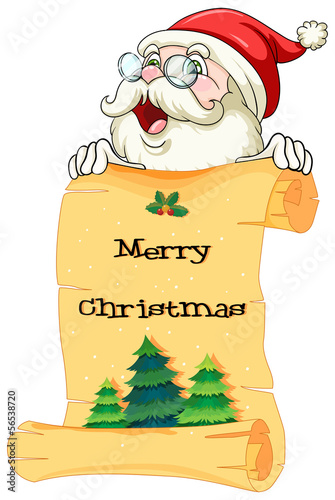 An old Santa holding a paper scroll with christmas greeting
