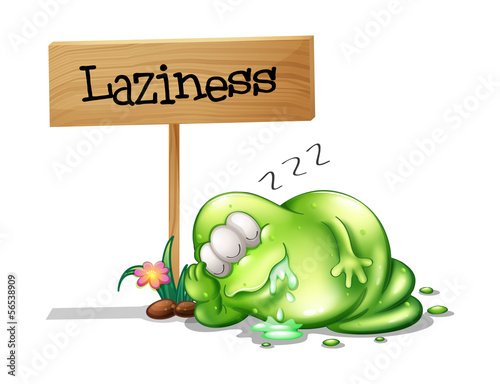 A lazy monster sleeping near the wooden signboard