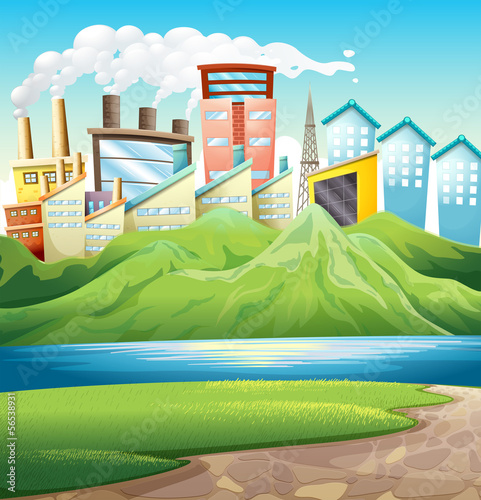 Green mountains near the river and the buildings