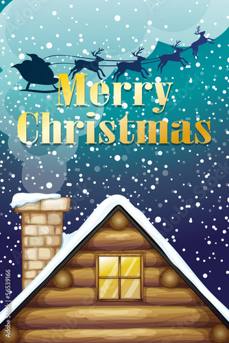A christmas card with a wooden rooftop and a sleigh with reindee photo