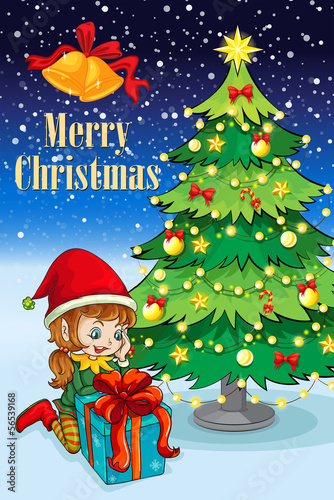 An elf watching the gift near the tall christmas tree