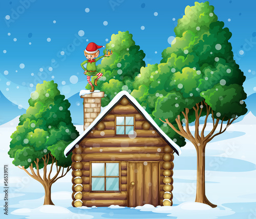 A wooden house with an elf at the top