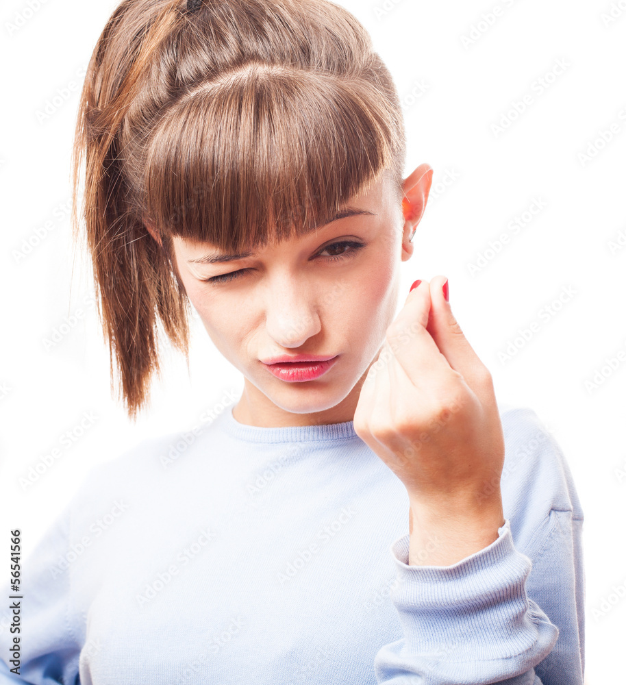 girl money gesture on a white background girl money gesture on a white background