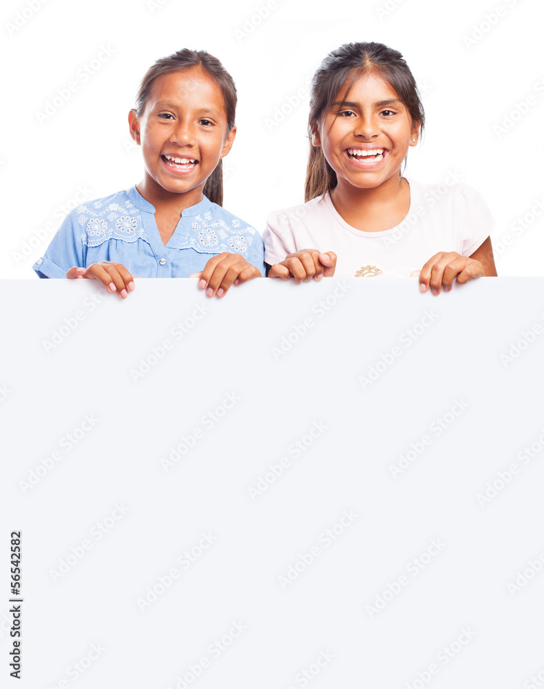 girls behind a banner on a white background girls behind a banner on a white background