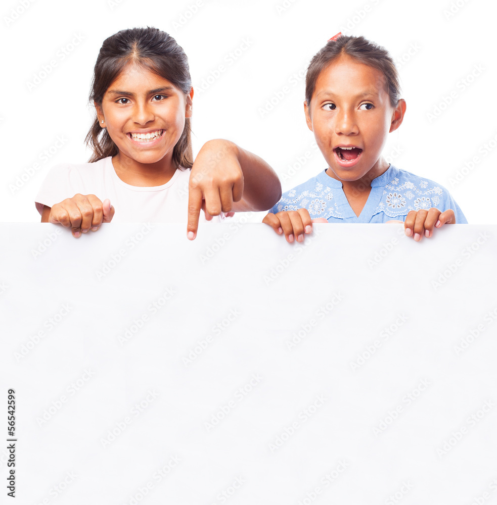 girls behind a banner on a white background girls behind a banner on a white background
