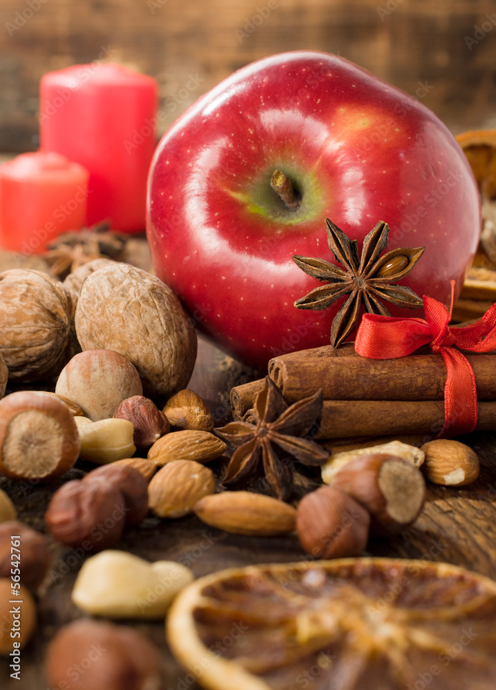 apple , nuts , cinnamon and dried orange apple , nuts , cinnamon and dried orange