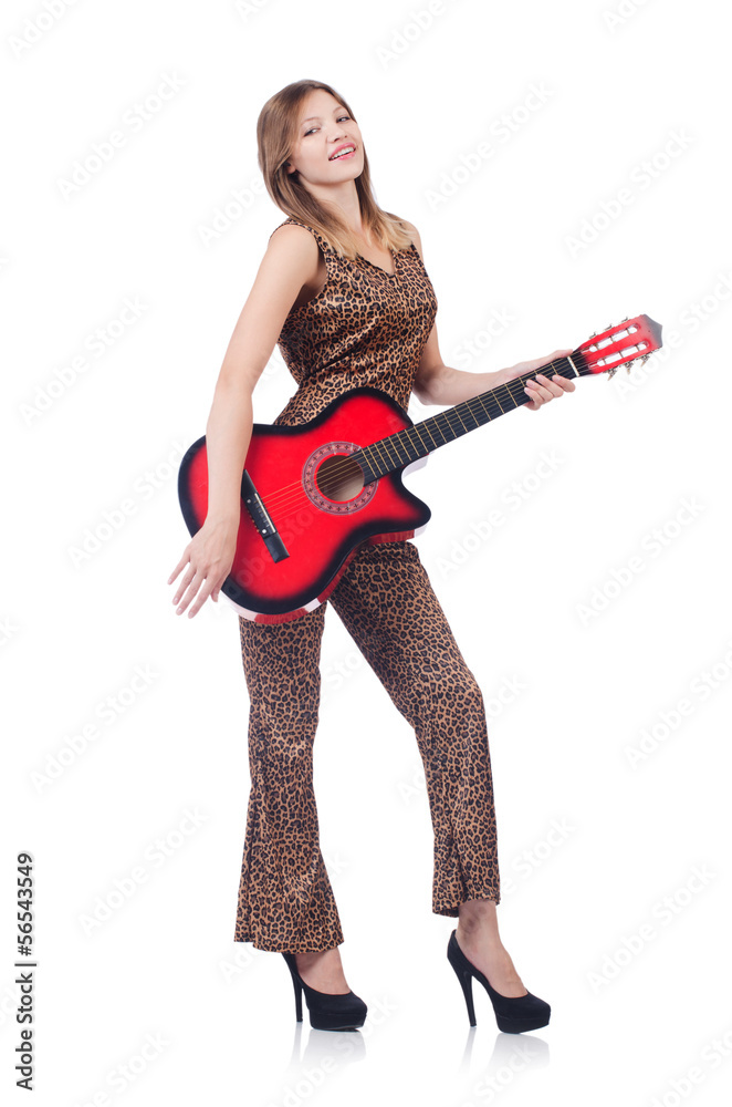Woman in leopard clothing on white with guitar Woman in leopard clothing on white with guitar