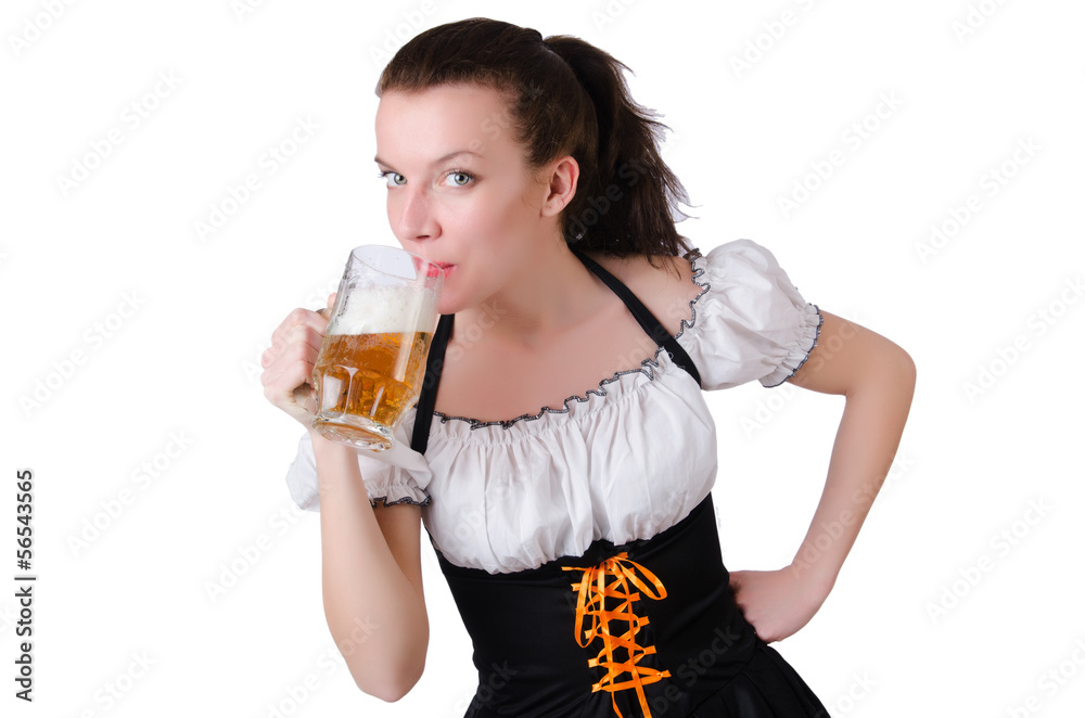 Young waitress with beer on white Young waitress with beer on white