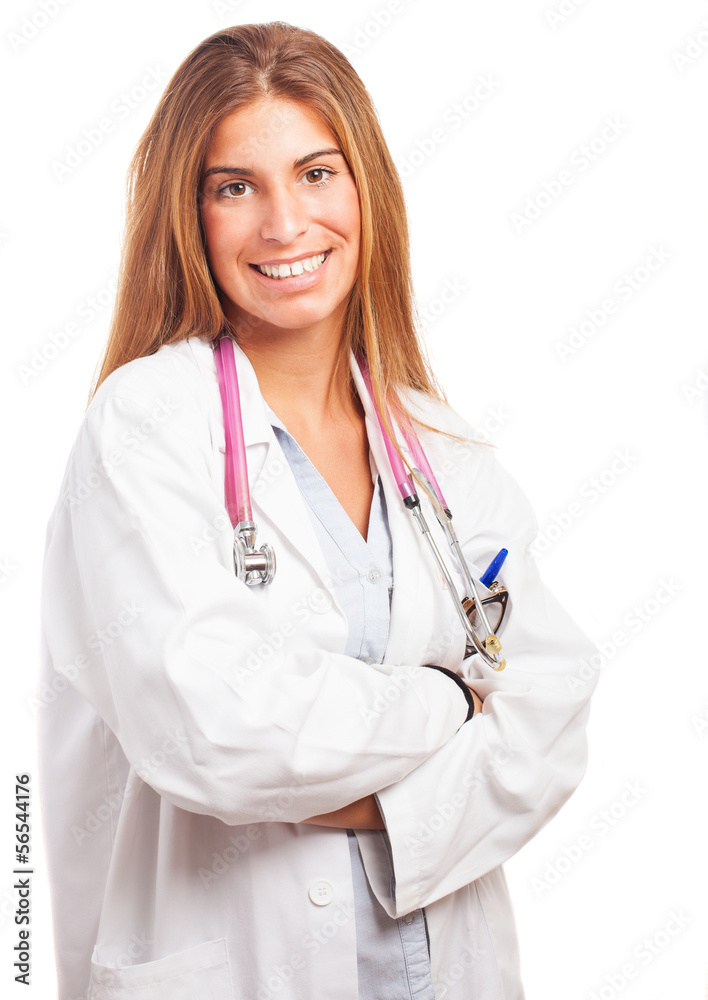 doctor smiling front on a white background