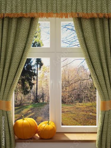 Obraz Okno z dyniami piękny widok