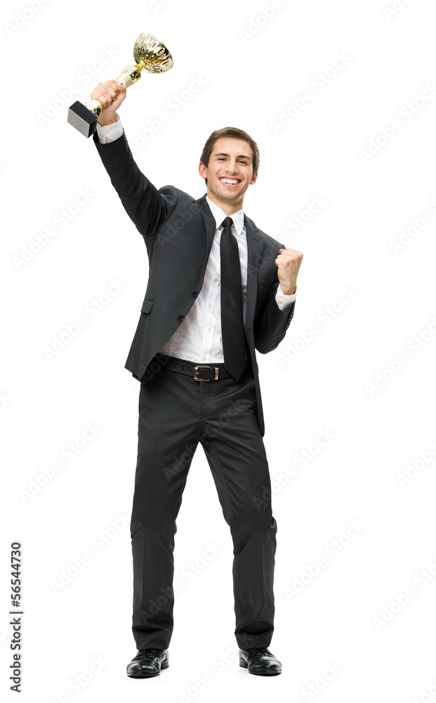 Full-length portrait of gesturing fists up businessman Full-length portrait of gesturing fists up businessman