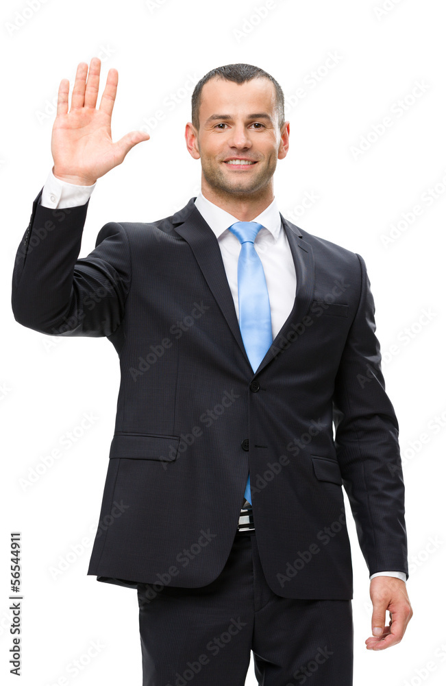 Half-length portrait of businessman waving hand Half-length portrait of businessman waving hand