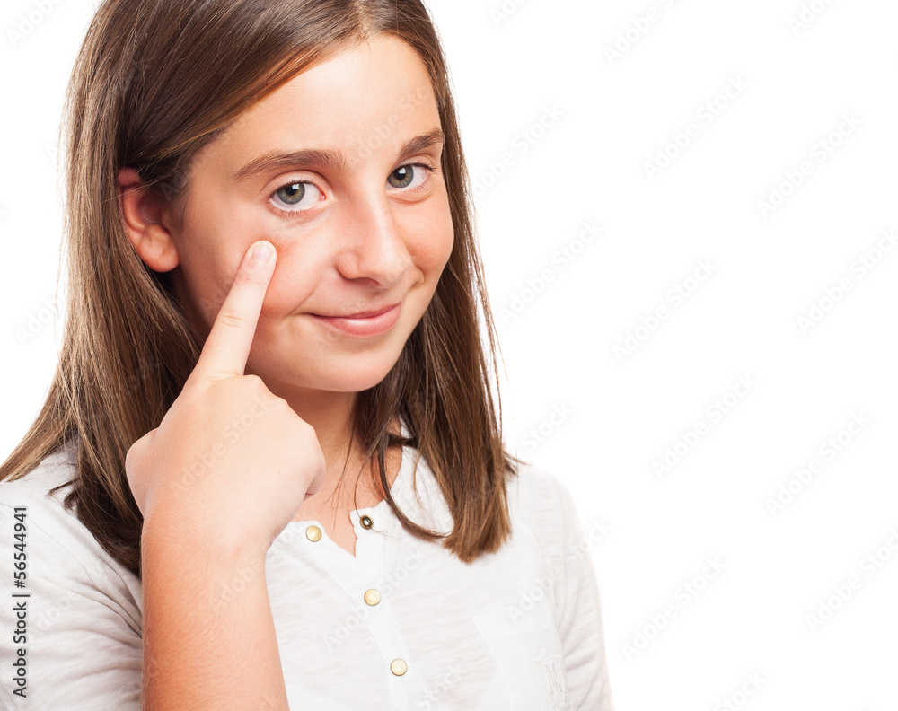 girl keeping an eye on something on a white background girl keeping an eye on something on a white background