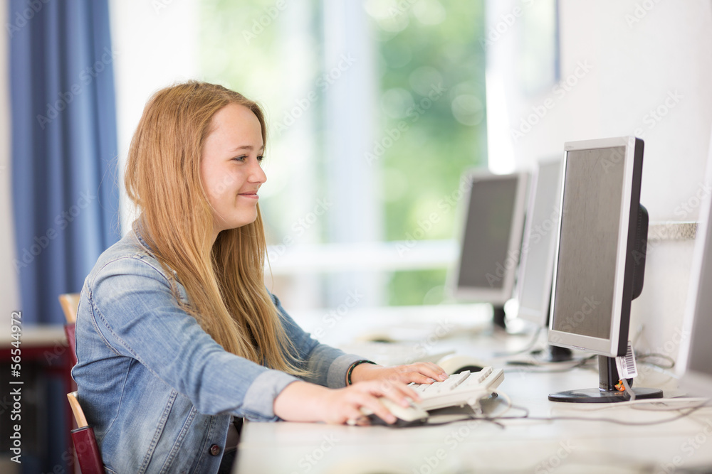 Teenager arbeiet in der Schule am Computer Teenager arbeiet in der Schule am Computer