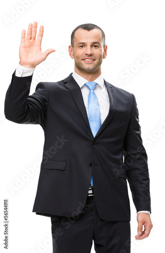 Half-length portrait of businessman waving hand