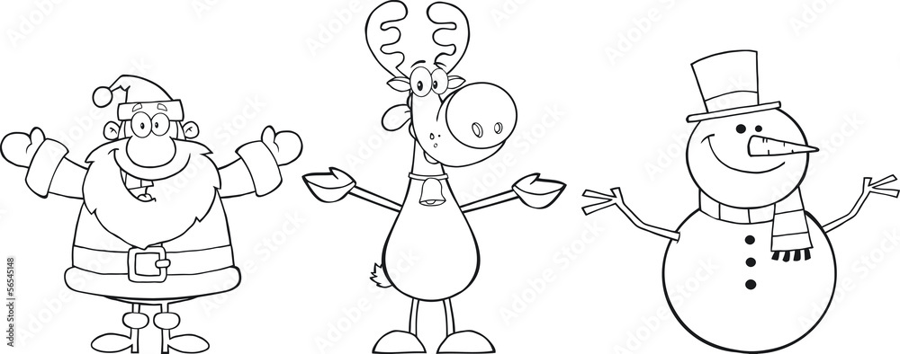 Black And White Santa Claus,Reindeer And Snowman Black And White Santa Claus,Reindeer And Snowman