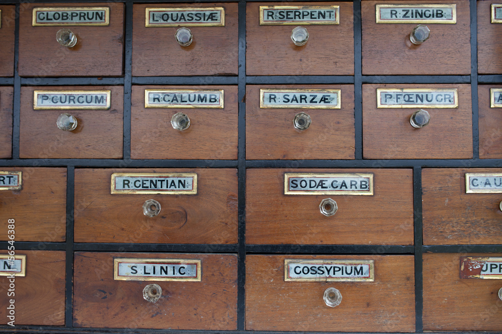 Cabinet of drawers with vintage labels