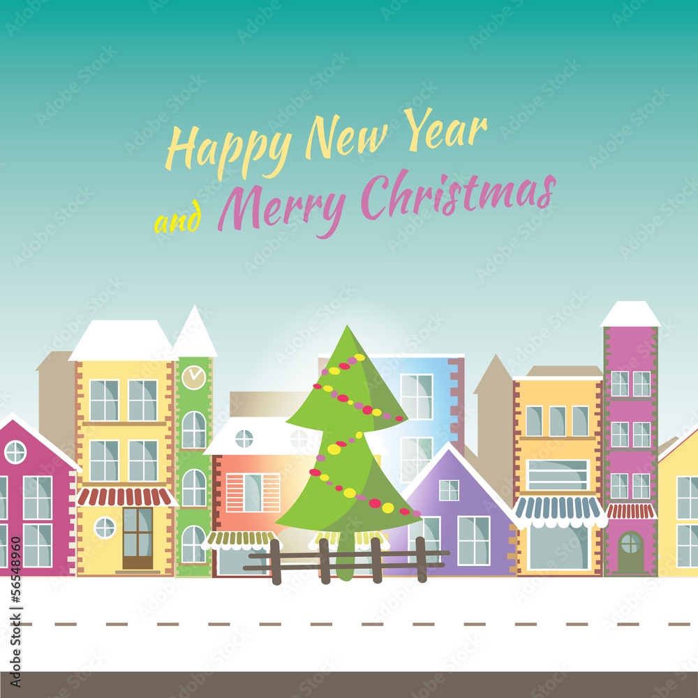 Happy New Year greeting card  -Banner with small town