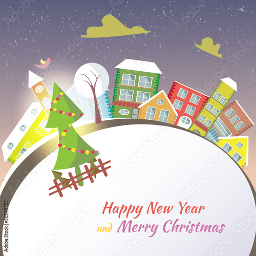 Happy New Year greeting card - snowy street.