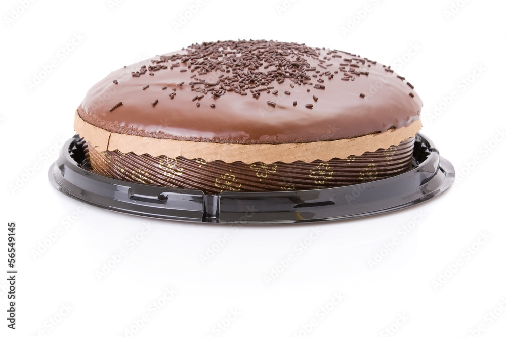 Chocolate fudge cake isolated on white background.