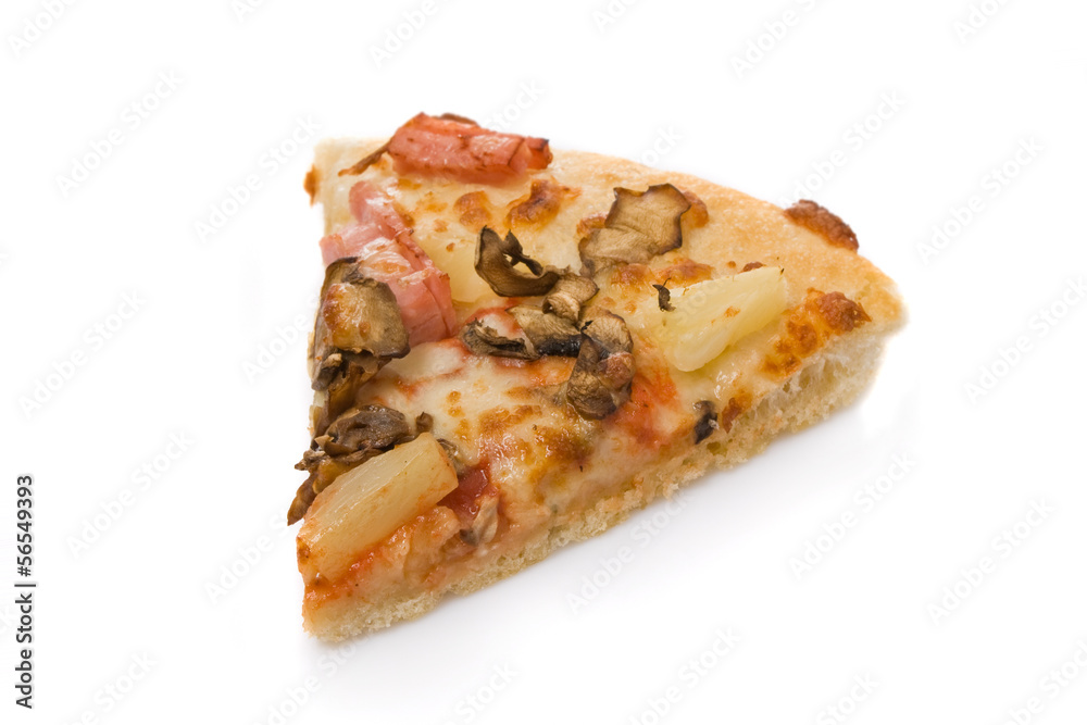 Slice of pizza with mushrooms, ham and pineapple