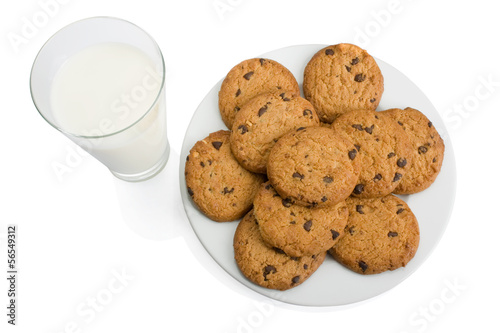 Chocolate chip cookies and a glass of milk isolated on white