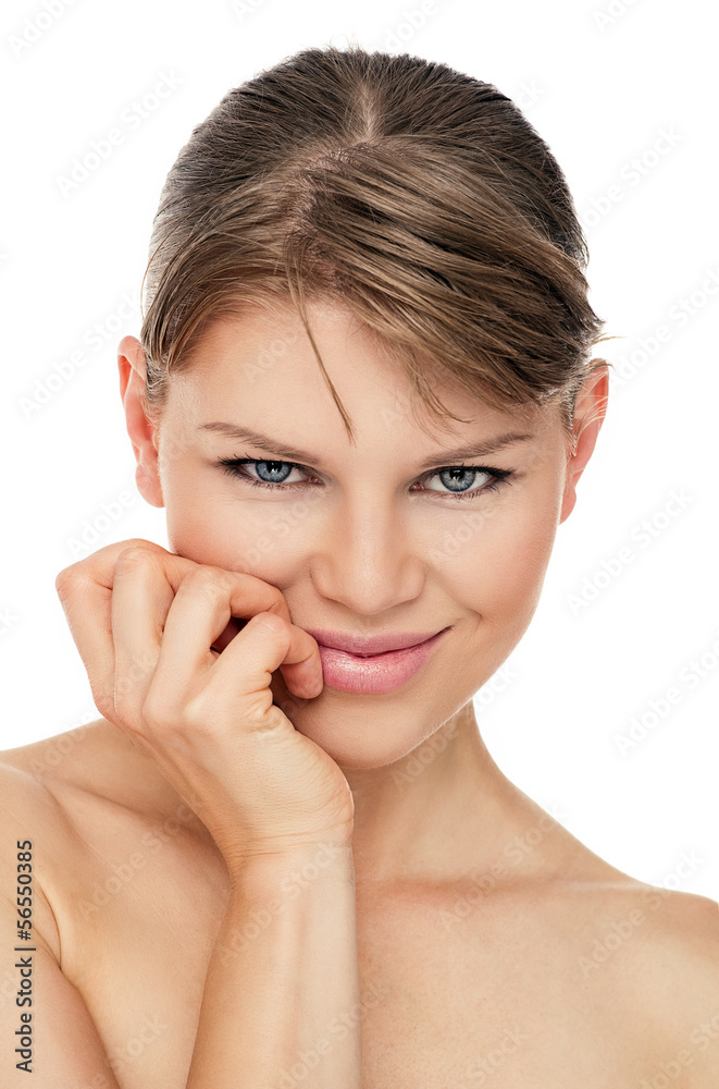 Portrait of beauty blond Caucasian woman smiling, isolated