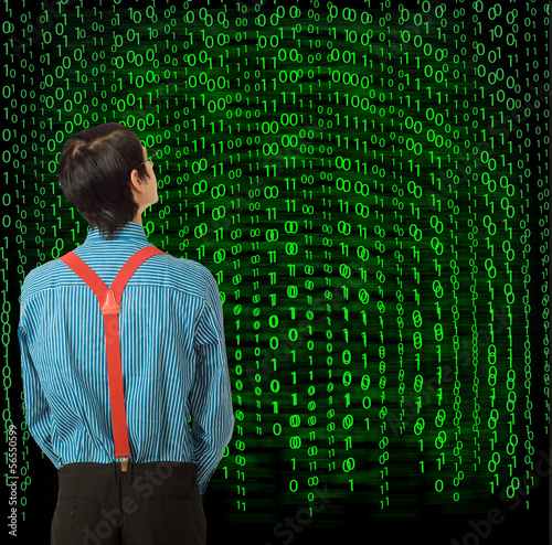 Nerd geek businessman student teacher with binary on background