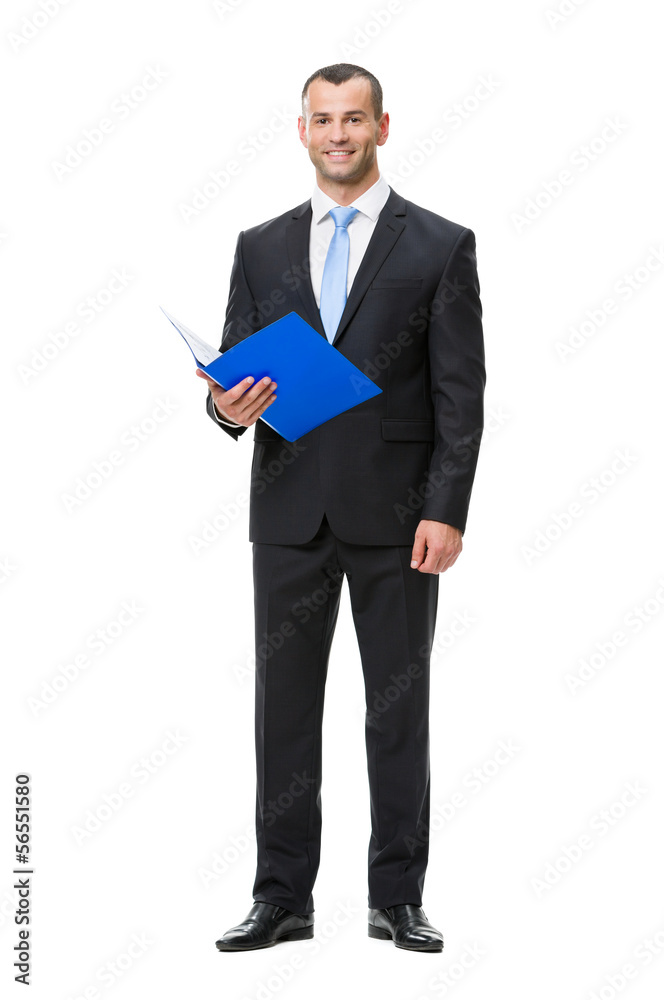 Full-length portrait of business man handing folder Full-length portrait of business man handing folder