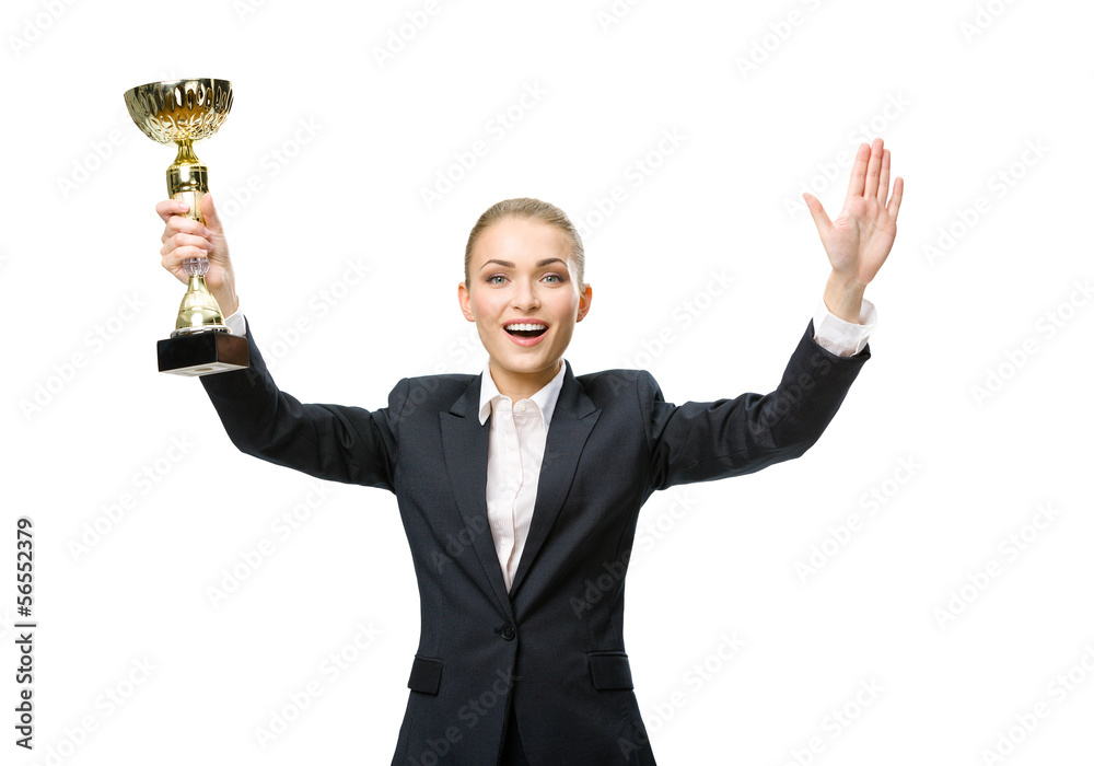 Half-length portrait of businesswoman keeping golden cup Half-length portrait of businesswoman keeping golden cup