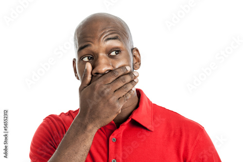 Black man covering mouth isolated on white