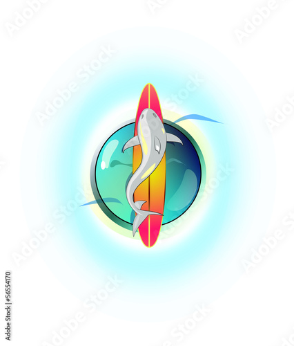 logo with surfboard and fish on abstract colorful background