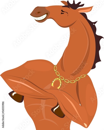 Proud athletic horse with a horseshoe around his neck