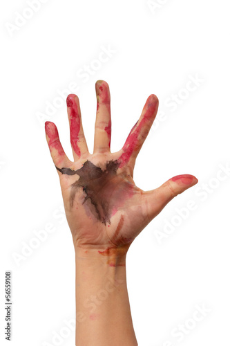 hand in watercolor paint on white background