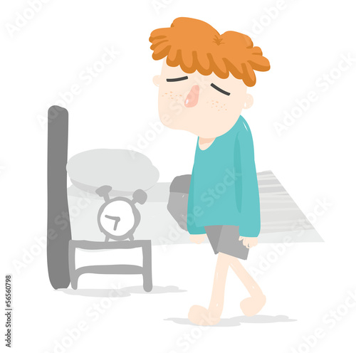 orange hair boy just wake up in bedroom