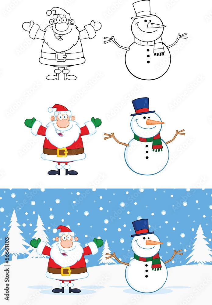 Santa Claus And Snowman Cartoon Characters. Collection Set