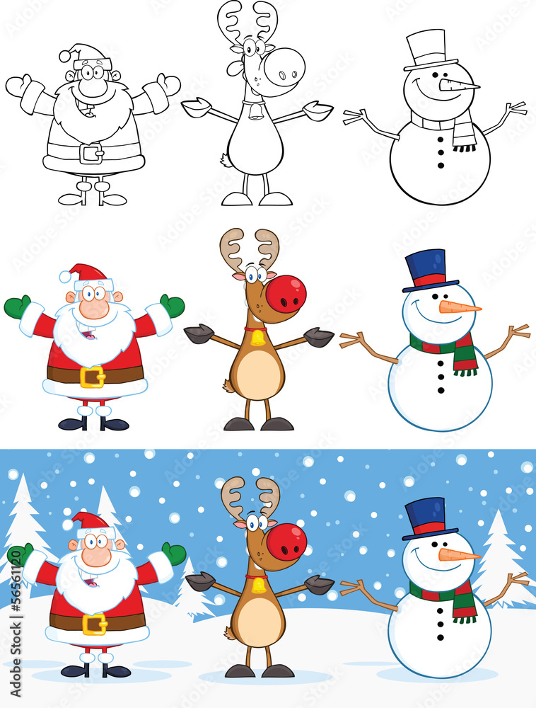 Santa Claus,Reindeer And Snowman Characters. Collection Set
