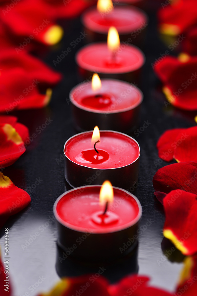 red candles with rose petals in row red candles with rose petals in row