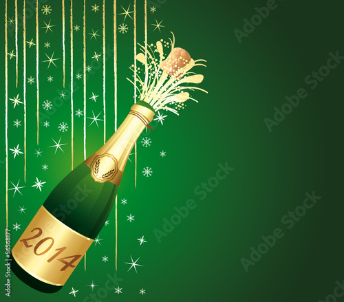 2014 festive Champagne on green background.