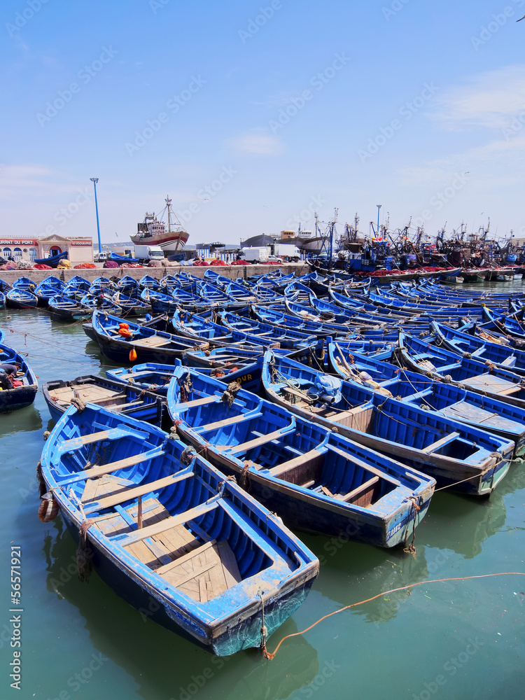 Blue boats in Essaouira, Morocco