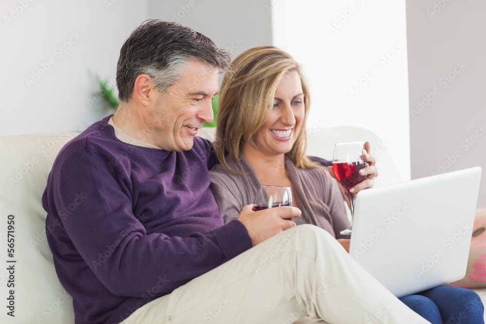 Happy couple watching their laptop and drinking wine Happy couple watching their laptop and drinking wine