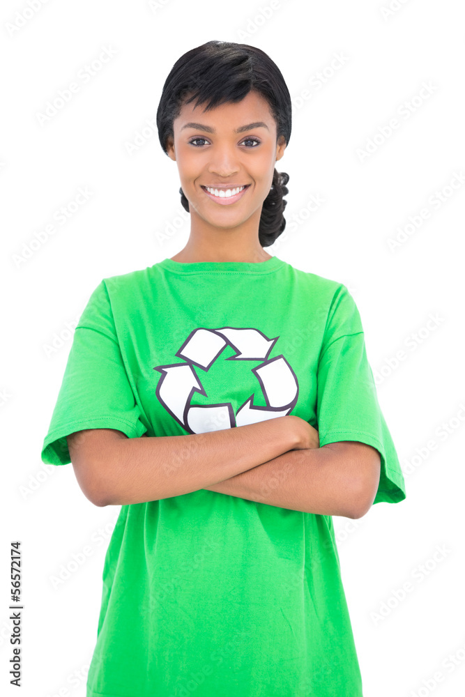 Happy black haired ecologist posing with crossed arms Happy black haired ecologist posing with crossed arms
