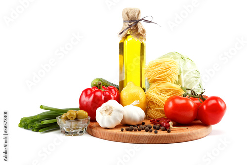 Fototapeta Naklejka Na Ścianę i Meble -  Set fresh vegetables with olive oil isolated on white background