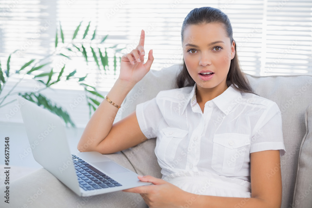 Surprised pretty woman using laptop sitting on cosy sofa Surprised pretty woman using laptop sitting on cosy sofa