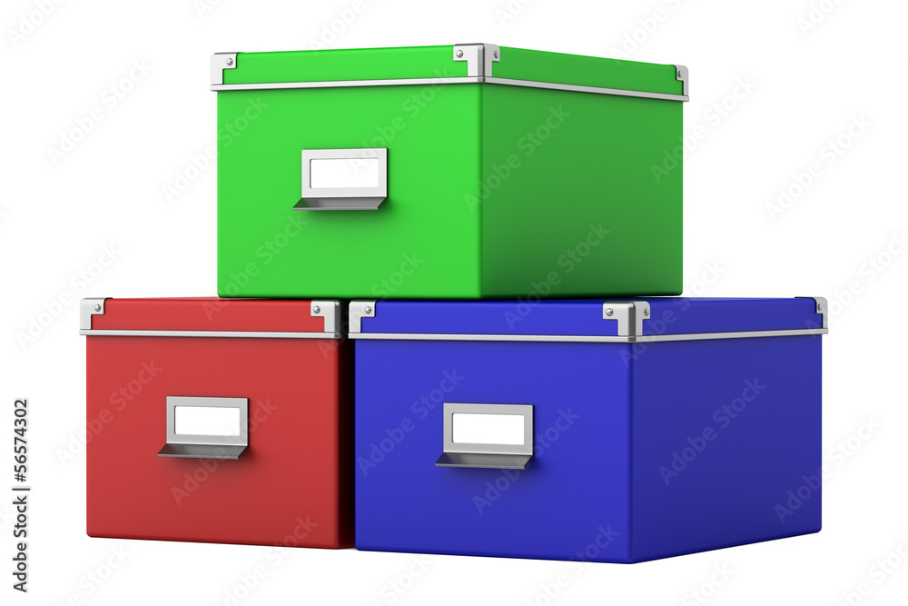 three color office cardboard boxes isolated on white background three color office cardboard boxes isolated on white background