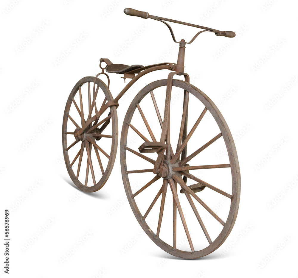 Fototapeta premium old bicycle with wooden wheels isolate with clipping path